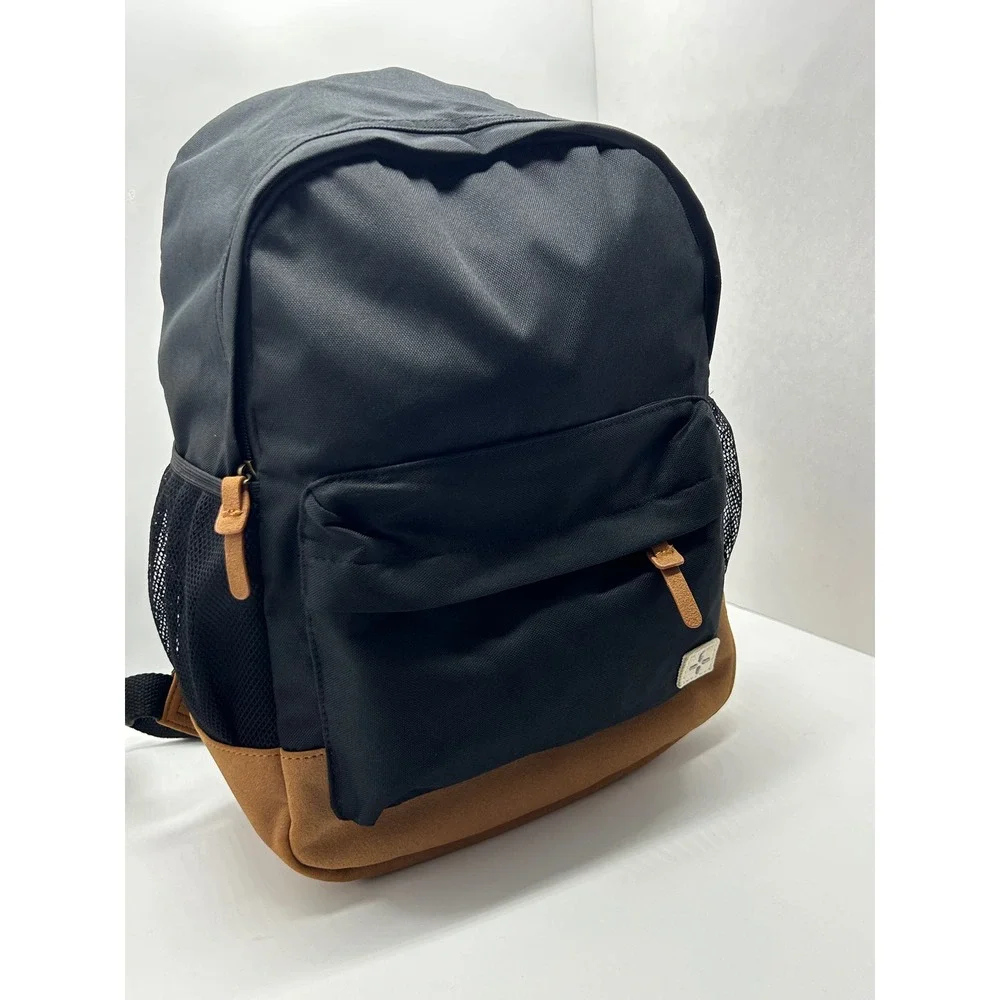 Sun + Stone Canvas Backpack Black Brown Faux Suede Bottom School Bag NEW